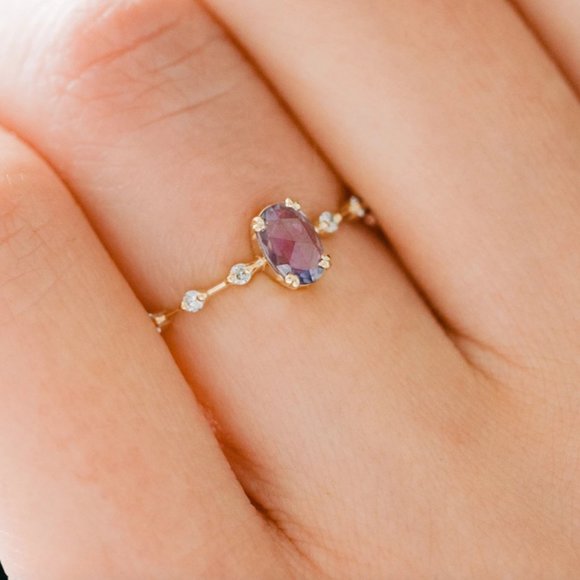 Sterling Silver Purple Oval Crystal Gold Ring - Picture 2 of 7